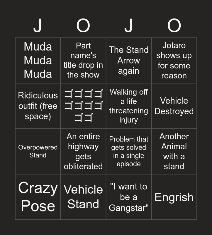 JoJo Stands Bingo Card