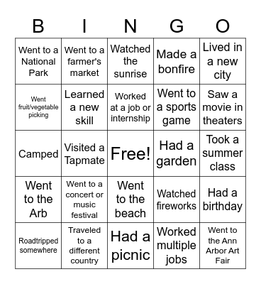 TAP Summer Bingo Card