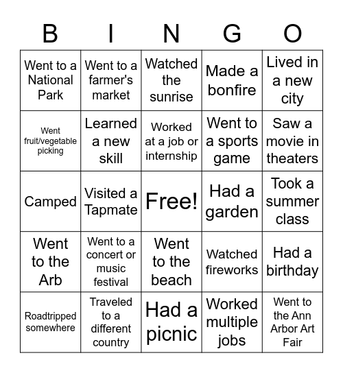 TAP Summer Bingo Card