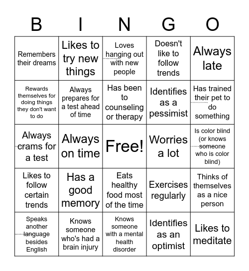 PSYCHOLOGY 101 Bingo Card