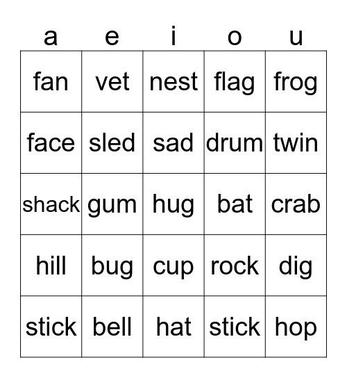 Short Vowel Sounds Bingo Card