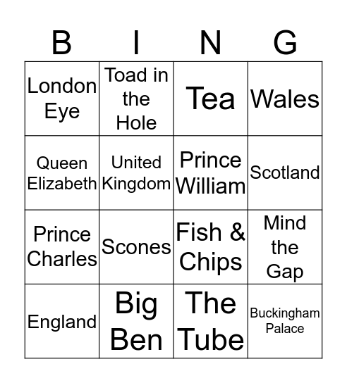 ENGLAND Bingo Card