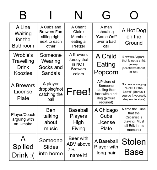 Brewers Bingo Card