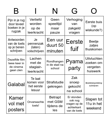 Middelbare School Bingo Card