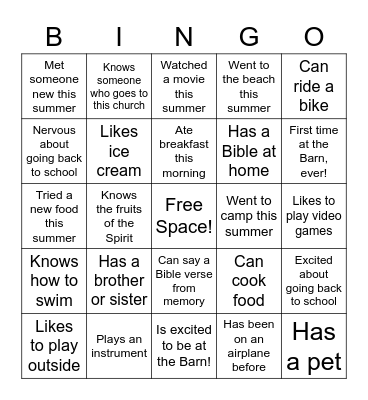 The Barn Bingo Card