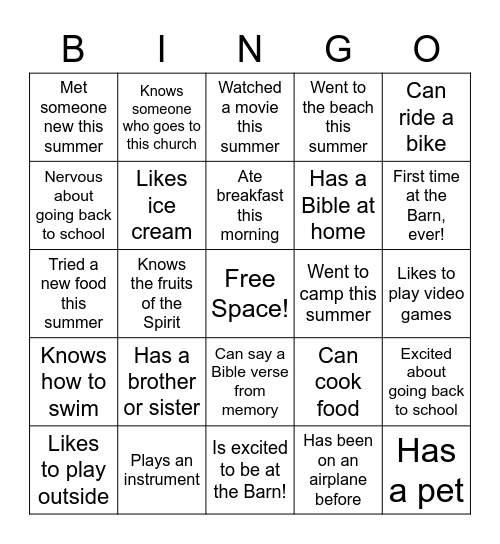 The Barn Bingo Card