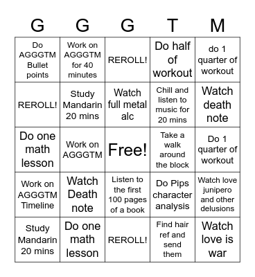 AGGGTM Bingo Card