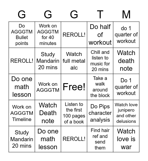 AGGGTM Bingo Card