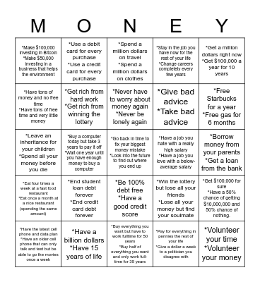 Would You Rather Money Bingo Card