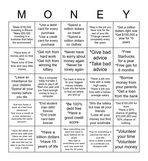 Would You Rather Money Bingo Card