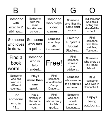 Classroom Bingo Card