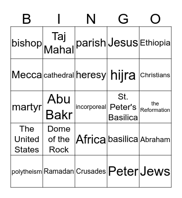 Western Religions Bingo Card