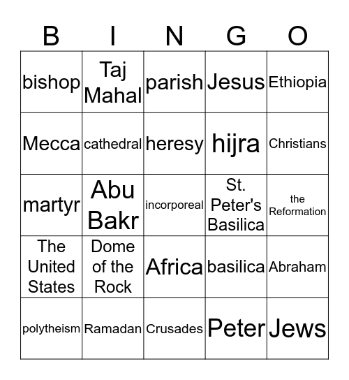 Western Religions Bingo Card