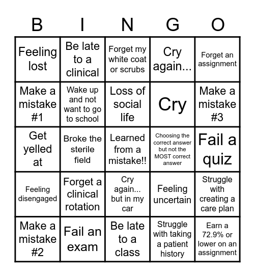 43 Failures BsN School Bingo Card