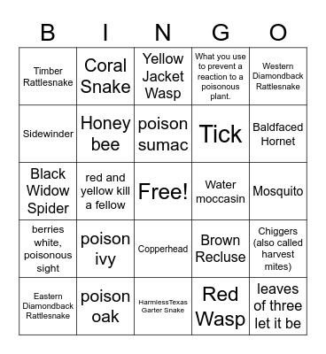 Webelos Walkabout / Poisonous Plants and Dangerous Animals and Insects Bingo Card