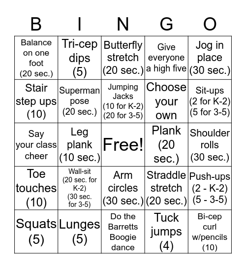 Barretts Fitness Bingo Card