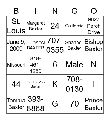 King Personal Information Bingo Card
