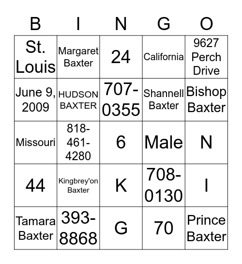 King Personal Information Bingo Card