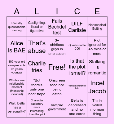 Bad Movie Bingo: Eclipse Edition Bingo Card