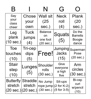 Barretts Fitness Bingo Card