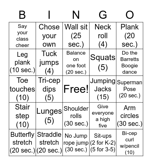 Barretts Fitness Bingo Card