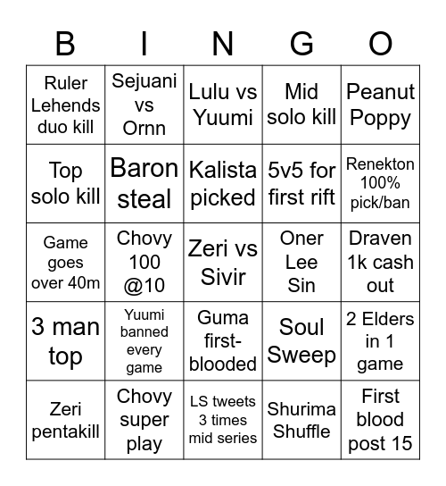 LCK finals Bingo Card
