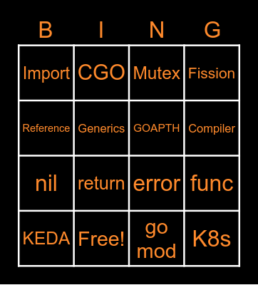 Go Programming Language Bingo Card