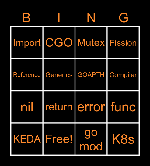 Go Programming Language Bingo Card