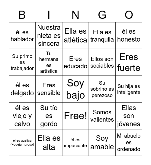 Describing people with SER Bingo Card