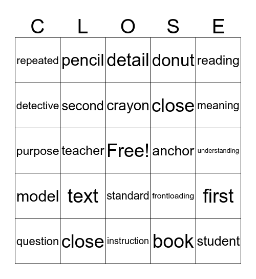 Close Reading Bingo Card