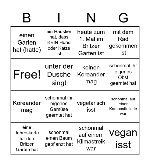 Waldgarten Bingo: finde eine Person, die.. Bingo Card