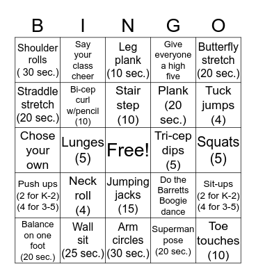 Barretts Fitness Bingo Card