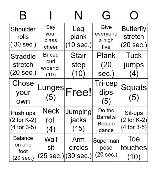 Barretts Fitness Bingo Card