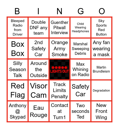 2022 Belgian Grand Prix Bingo Card