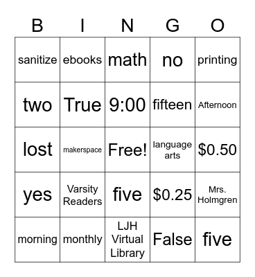 Library Orientation Bingo Card