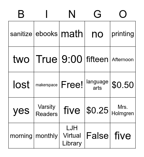 Library Orientation Bingo Card