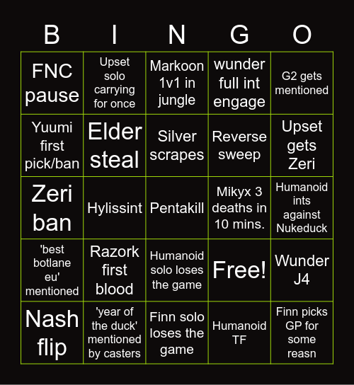 XL vs FNC Bingo Card