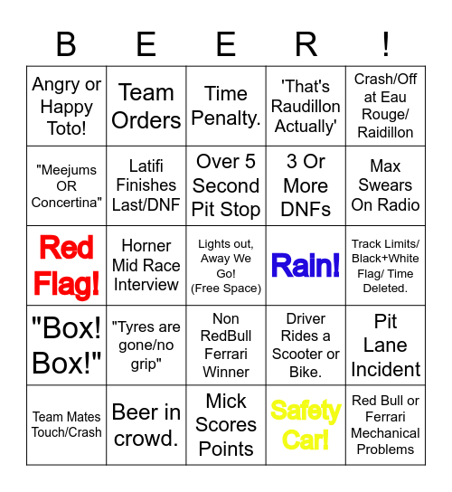 F1 Bingo Belgium Bingo Card