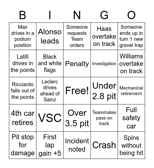 SPA GP 2022 Bingo Card