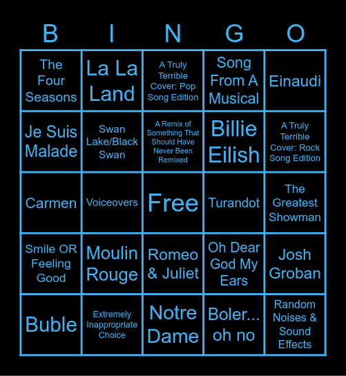 JGP Music Choices Bingo Card