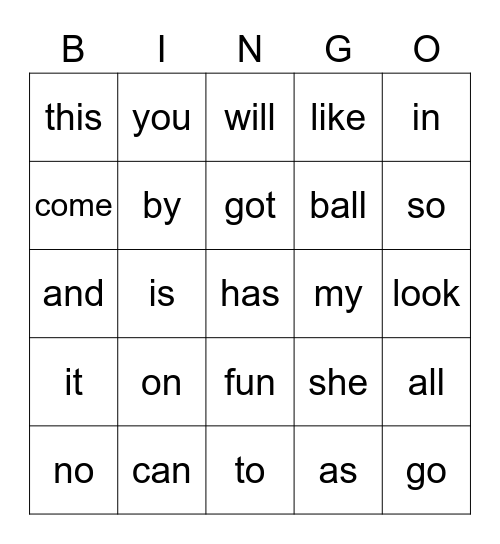 Kindergarten snap words Bingo Card