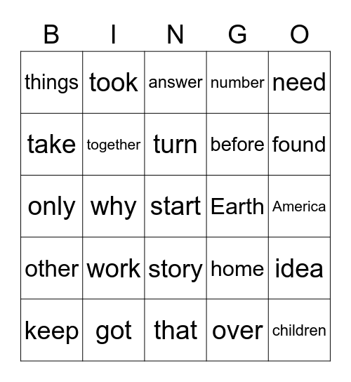 Sight Word Bingo Card