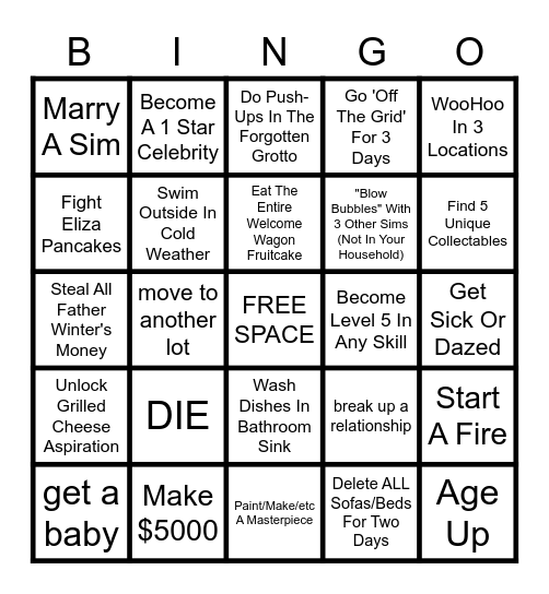 The Sims 4 BINGO! Bingo Card