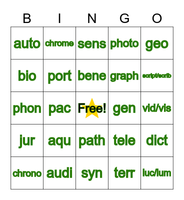 ROOT WORDS BINGO Card