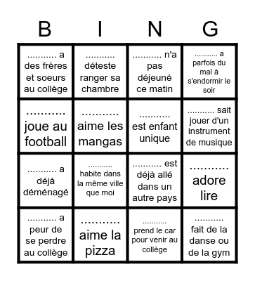 Bingo pour faire connaissance avec  ma classe Bingo Card