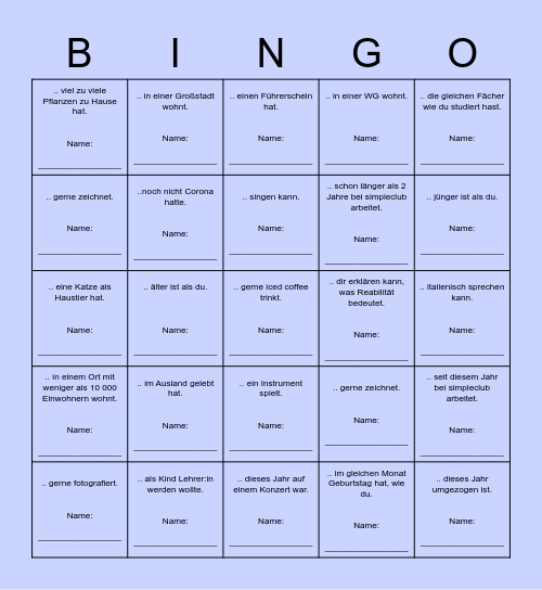 Finde jemanden aus dem Azubi Team, der/die... Bingo Card