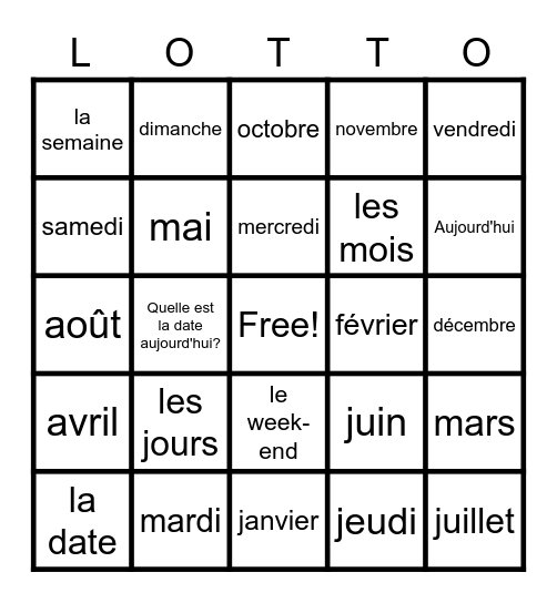 French months & days Bingo Card