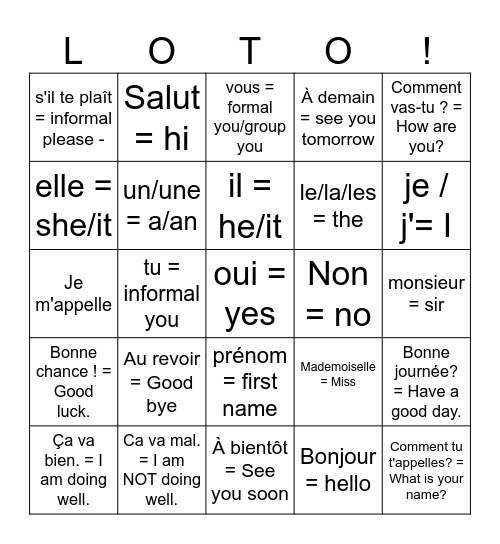 7 Les salutations / pronoms /articles etc 2026 Bingo Card