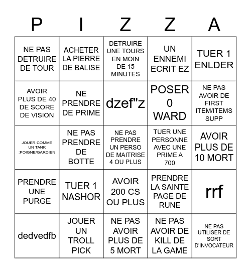 BINGO PIZZA APERO PARTIE Bingo Card