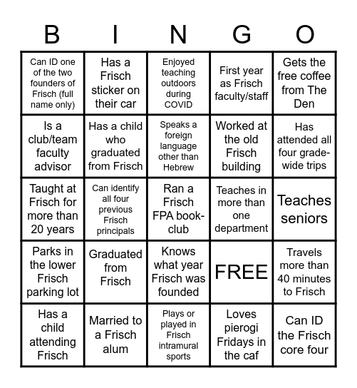 Frisch Faculty Bingo Card